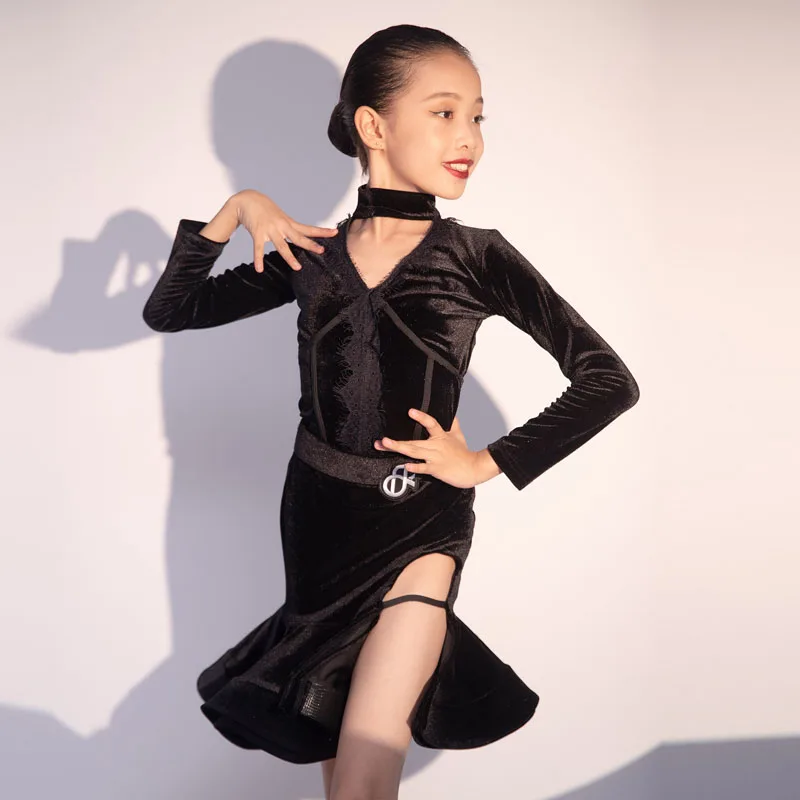 Children's Advanced Latin Dance Suit 2024 New Girl's Training Suit with Large Skirt and Black Performance Clothing