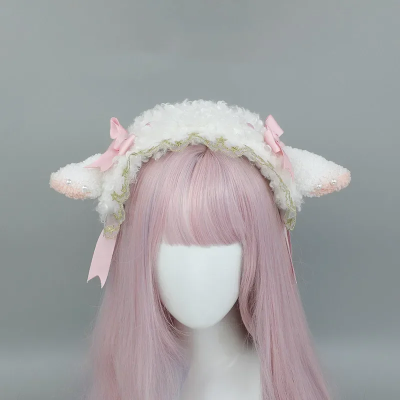 Japanese Lolita Ruffled Headband Sweet Star Embroidery Furry Lace Ribbon Bow Hairband Anime Maid Cosplay Lamb Ears Headdress MN1