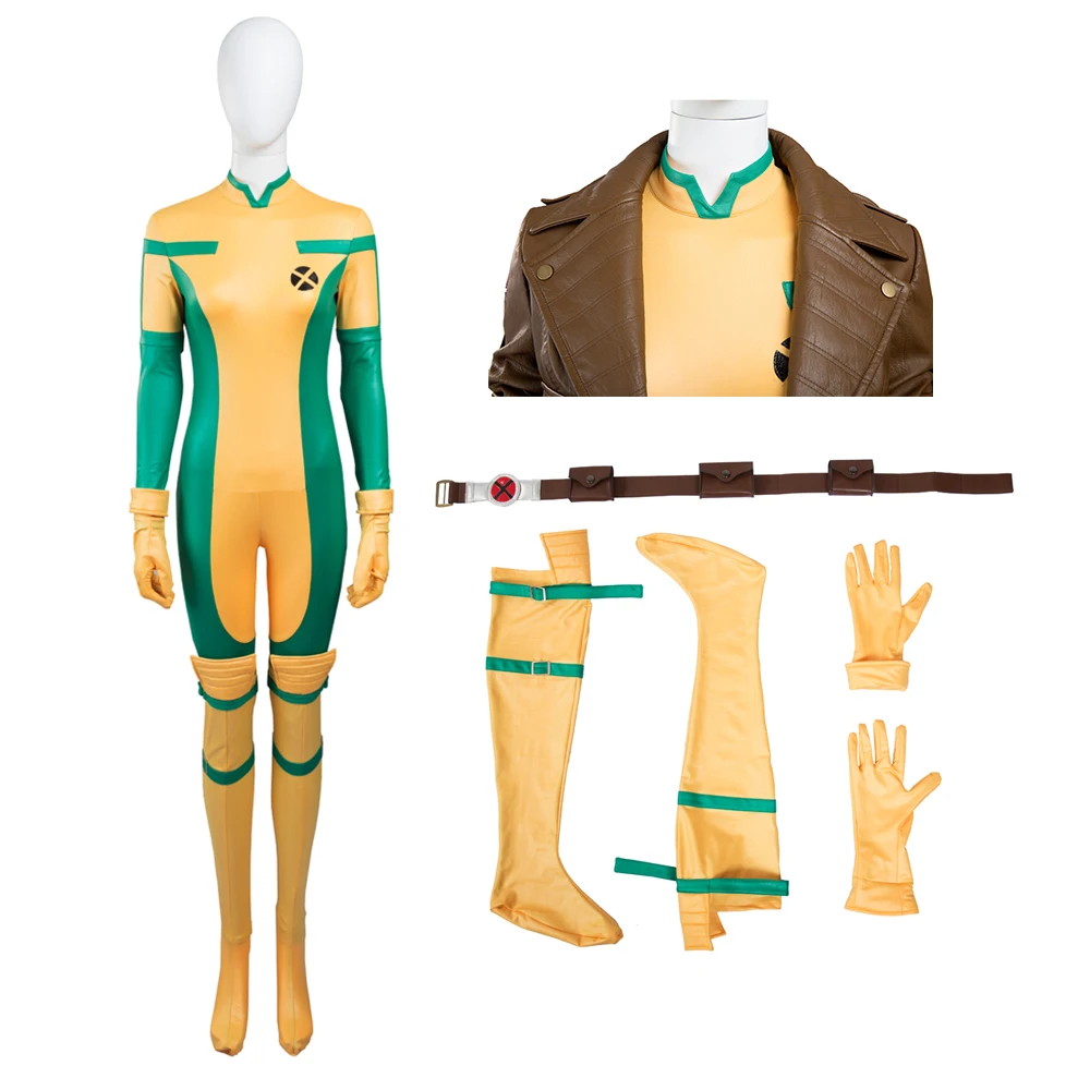 X-Traje de Cosplay de Superherói Rogue Mary masculino com casaco, macacão de couro, traje de batalha, roupas Halloween, Trajes de RPG