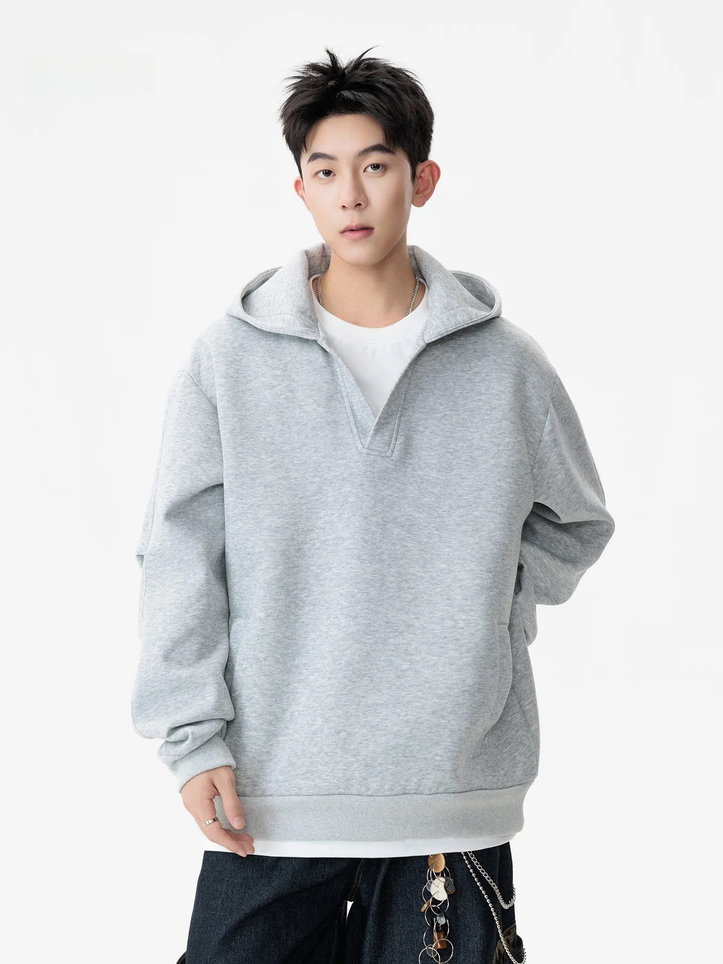 

Thiened Fce Hooded V-Ne Men's Sweatirt Autumn Winter Warm Sli Cleanfit Jaet Casual Loose Fit Long Sve