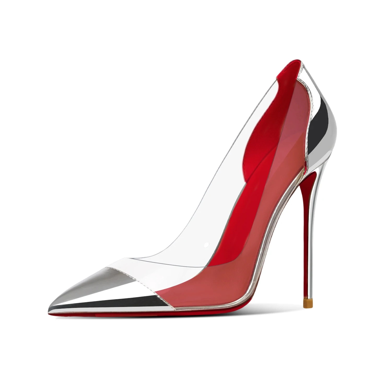 New pointed 12cm stiletto heels, red sole high heels with PVC stitching, 13cm large-size party sexy transparent single shoes