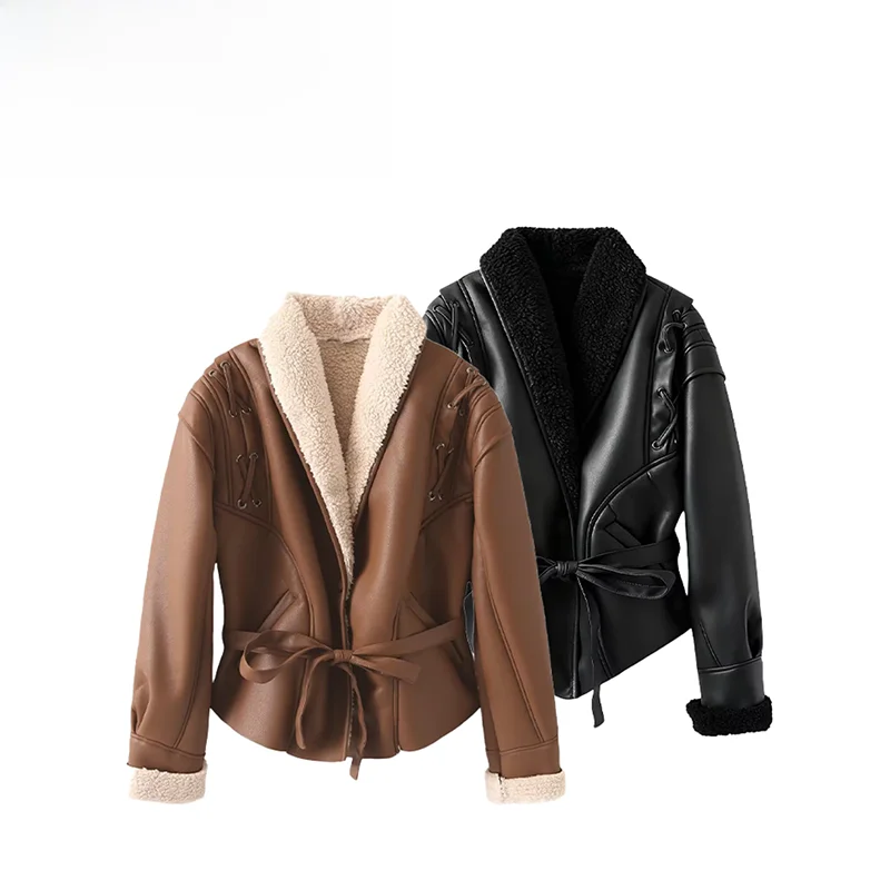 Frauen Retro Sle Pelz Leder Mantel mit Taille Gürtel Herbst Neue Ankunft eine Obst Kragen Faion Pendeln Wind