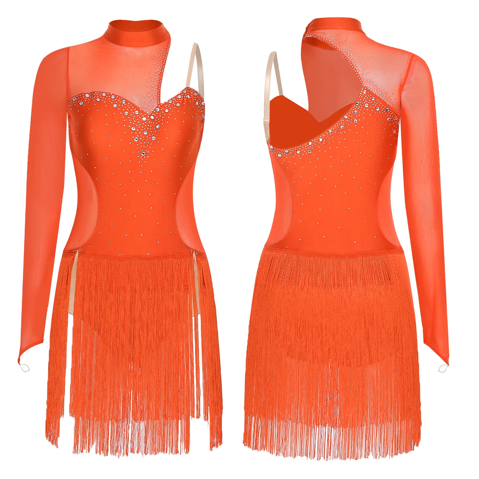 Damen-Kostüm für lateinamerikanischen Tango, durchsichtiges Mesh-Ausschnitt hinten, funkelnde Strasssteine, asymmetrisches Kleid mit Fransen, Tanzbekleidung