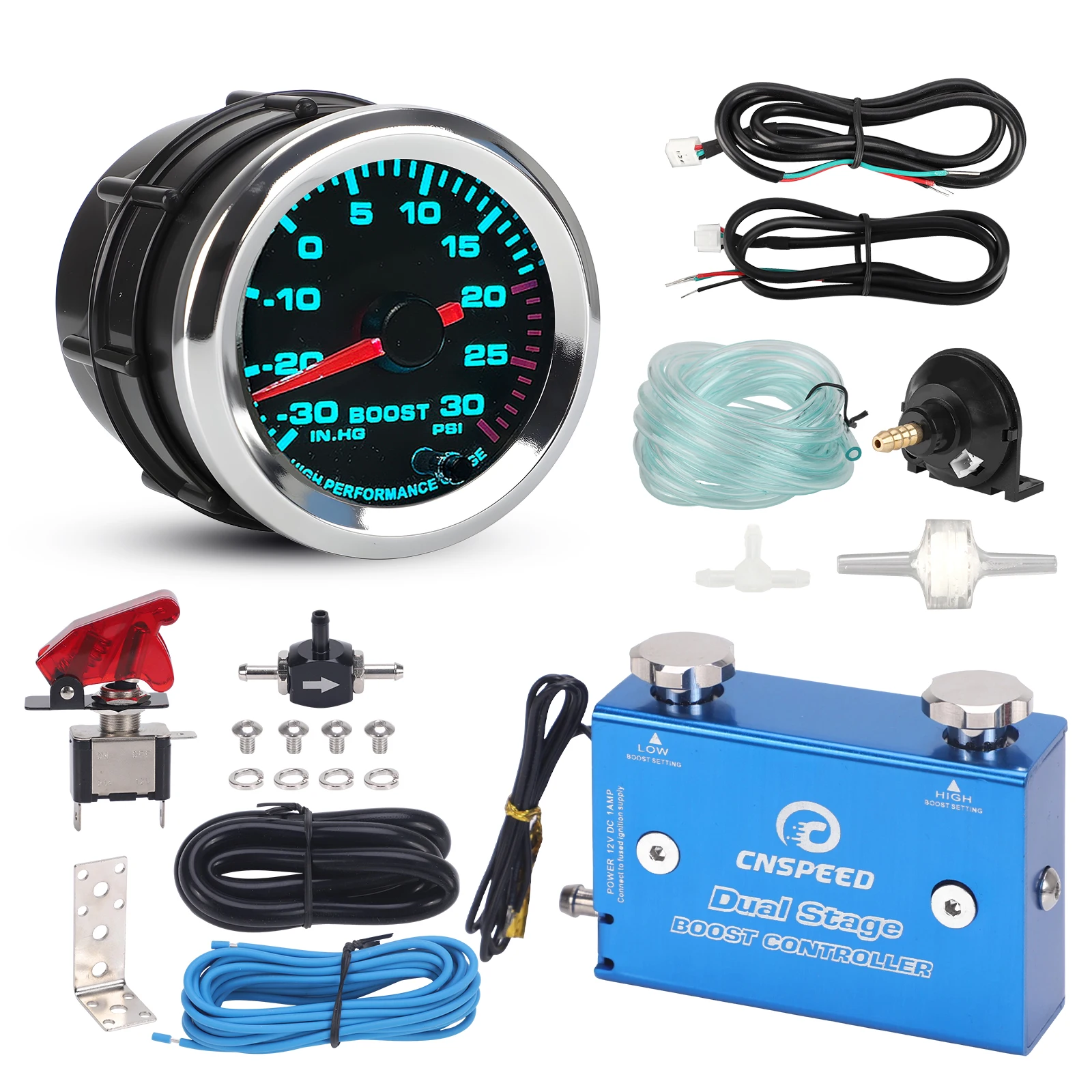 Boost Gauge PSI And Turbo Boost Controller Kit 12V DC 52mm 7 Colors Car Boost Gauge PSI Blue Dual Stage Boost Controller Kit