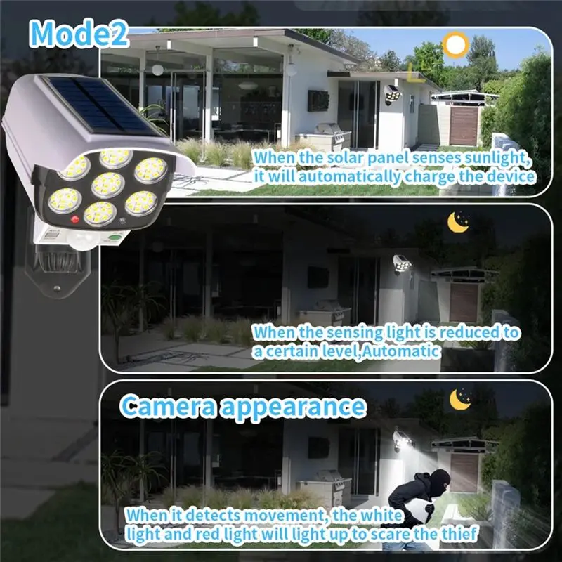 DTA4 2PCS Solar Lights 77LED PIR Motion Sensor Outdoor Wall Light with Simulation Camera Waterproof Garden Decor for Security
