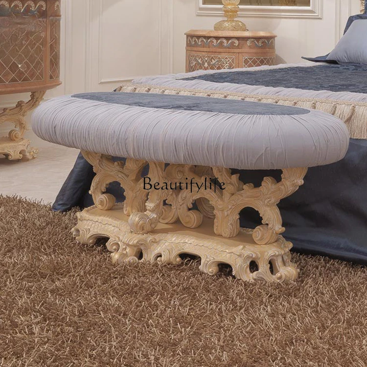 

European-Style Solid Wood Bed End Stool Carved French Retro Distressed Shoe Changing Stool Fabric Bench round