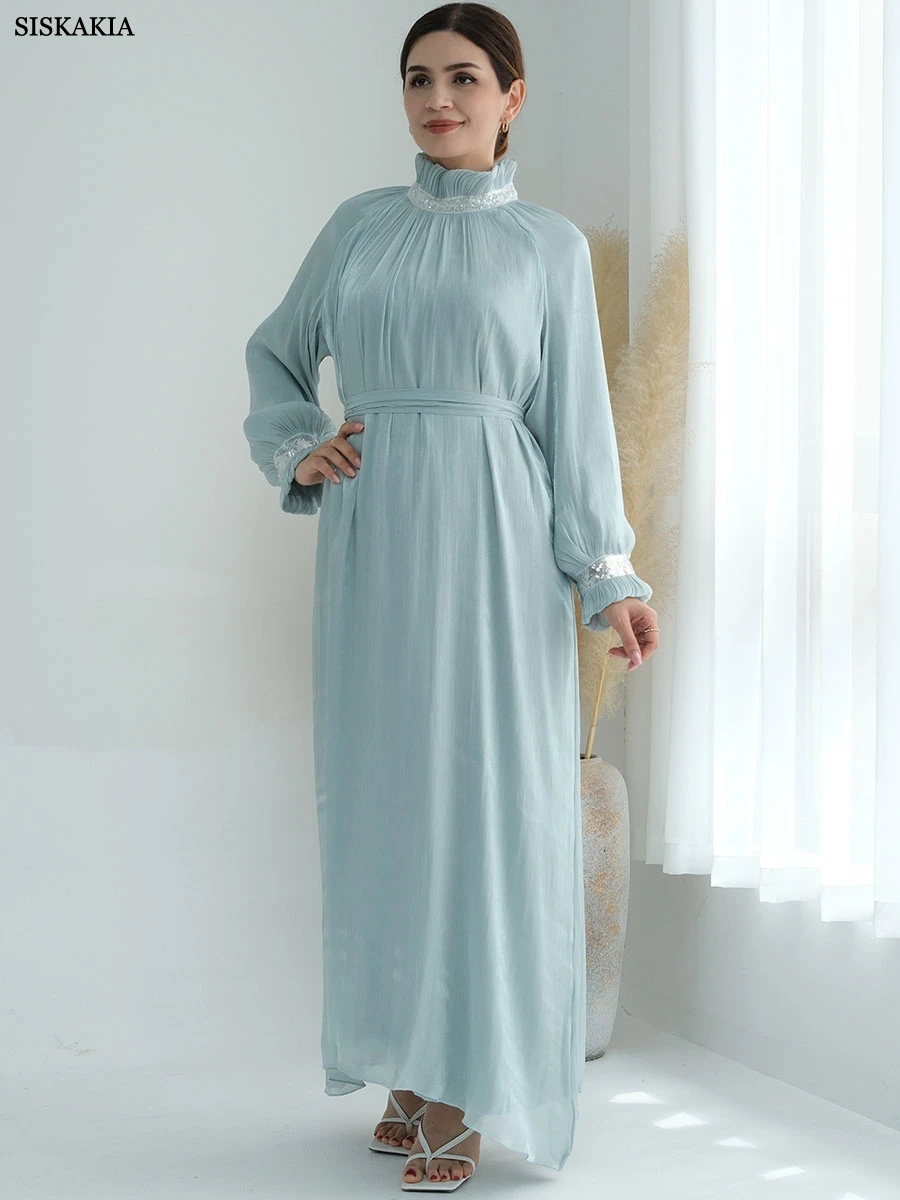 Fashion Musilm Women Elegant Evening Party Long Dresses High Neck Solid A-Line  Belted Kaftan Dubai Turkish Islamic Clothing