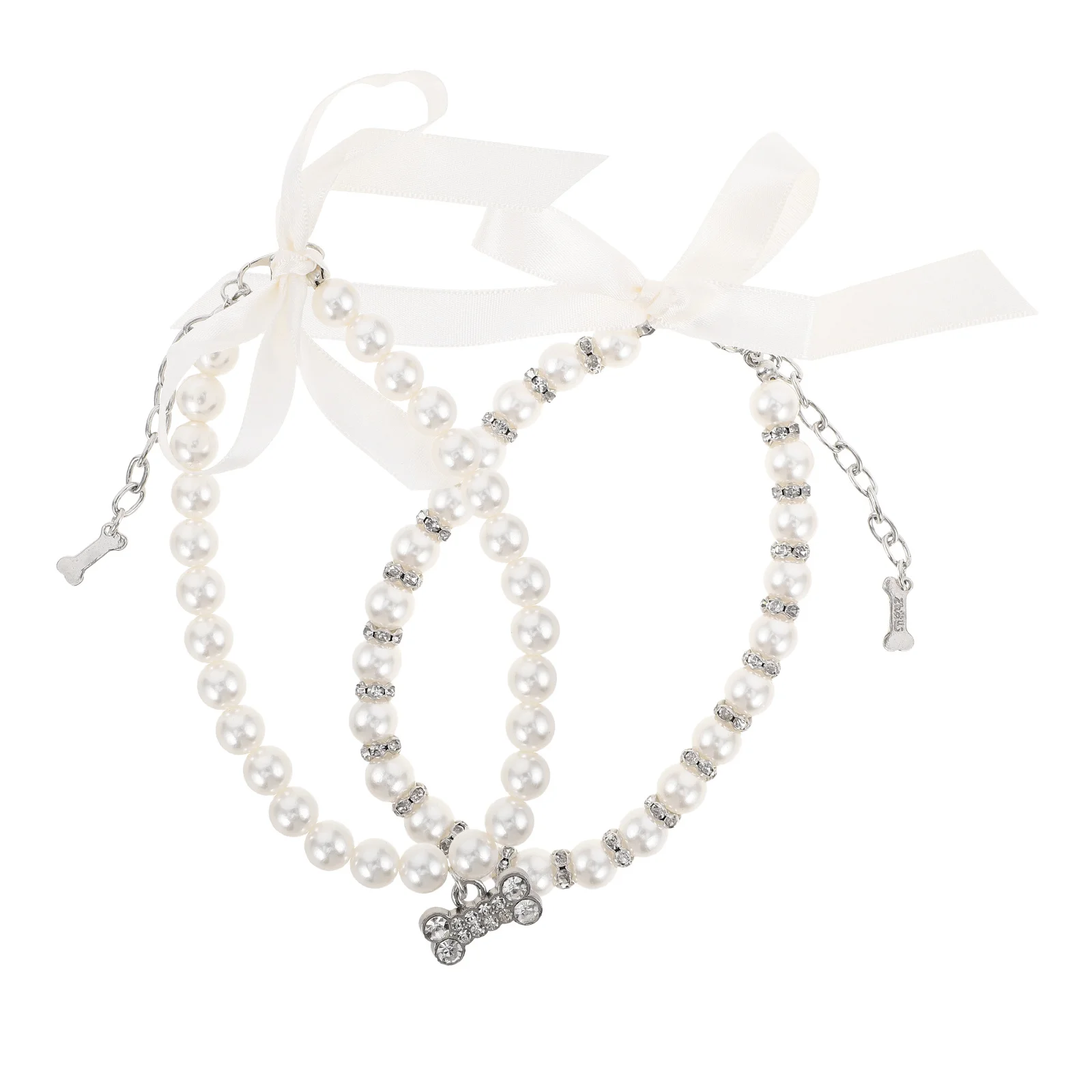 

2Pcs Pet Bow Pearl Necklace Bone Pendant for Cats Small Dogs Daily Walk Parties Jewelry Accessories Collar Charm