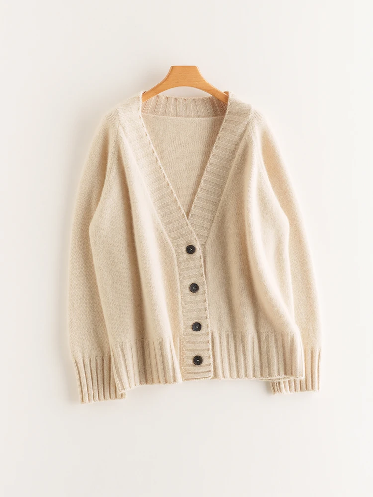 New Women's 100% Cashmere Thick Sweater V-neck Cardigan Casual Loose Warm Long Sleeve Cashmere Knitwear Autumn Winter Clothes