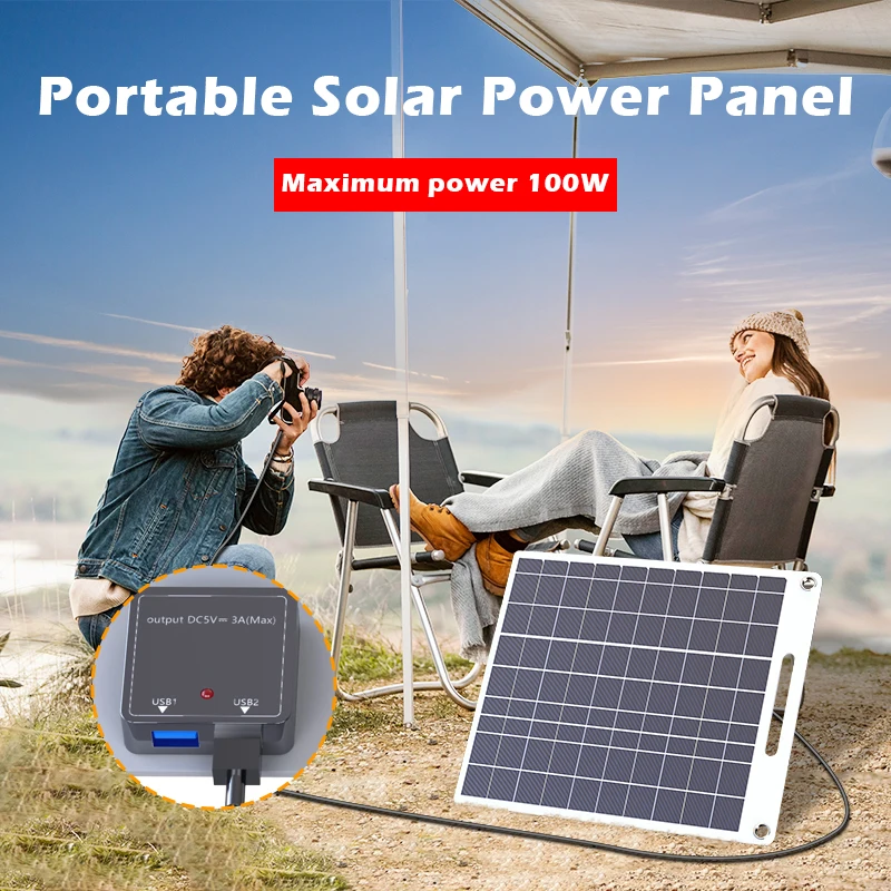 100W Portable Solar Panel With Two USB Suitable For Mobile Phone Charging Outdoor Camping Power Bank Supply Consumer Electronics