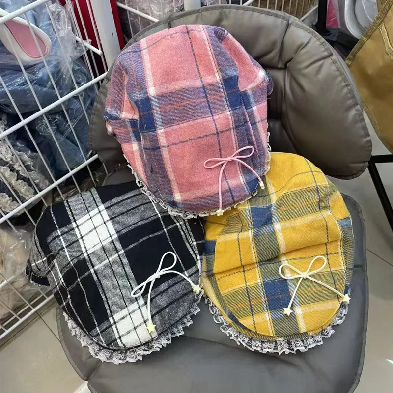 

Sweet Bow Lace Design Contrasting Color Plaid Berets Cap Y2K Spring Summer Travel Versatile Retro Literary Forward Hats Women
