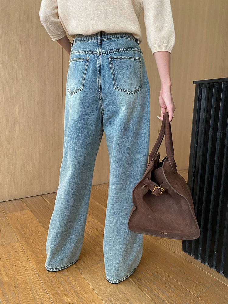 [LANMREM] High Waist Washed Jeans For Women Straight Wide Leg Denim Pants Office Lady Trousers 2024 Autumn New Clothing 26C167