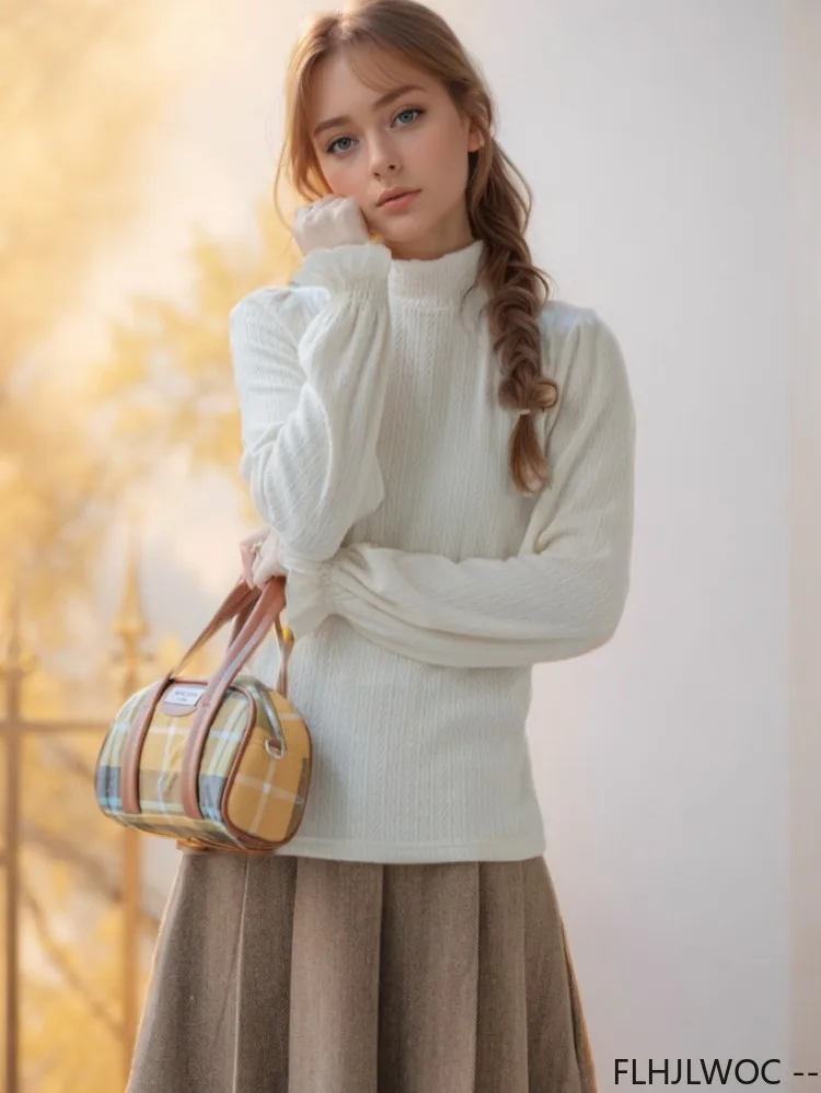 Lange Flare Mouw Halve Coltrui Tops Blouses Nieuw Ontwerp Vrouwen Schattige Ruches Japan Meisjes Stijl Effen Katoen Basics Shirts