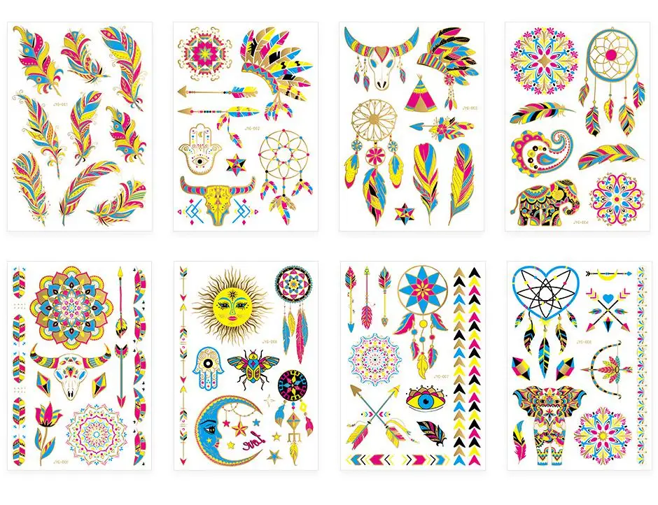 

1/8pcs Creative Fluorescent Hot Embossed Tattoo Stickers Temporary Face Tattoo Stickers Waterproof Feather Arm Tattoo Stickers