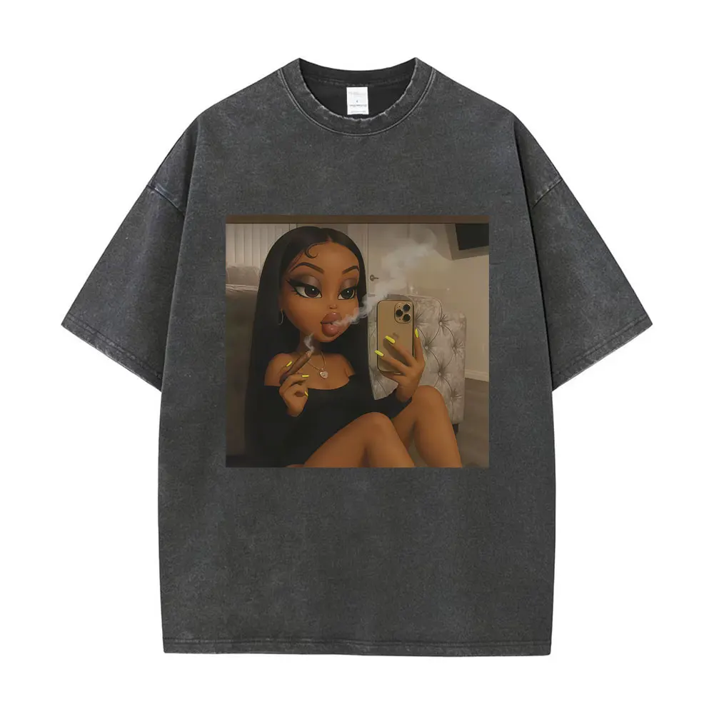 Washed Vintage Funny Disgusting Doll Take A Selfie While Smoking Meme T-shirt Fans Gift Men Women Casual Cotton Oversize T Shirt
