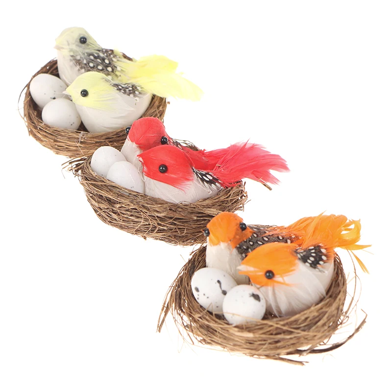 1 Set Artificial Feathered Birds & Nest & Egg Creative Craft Birds Sculpture