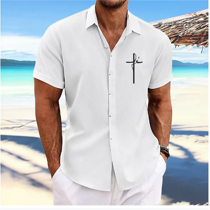 Camisa con estampado cruzado para hombre, camisa blanca de manga corta con botones y solapa, ropa de calle, informal y suave, de diseñador, a la moda, 2023