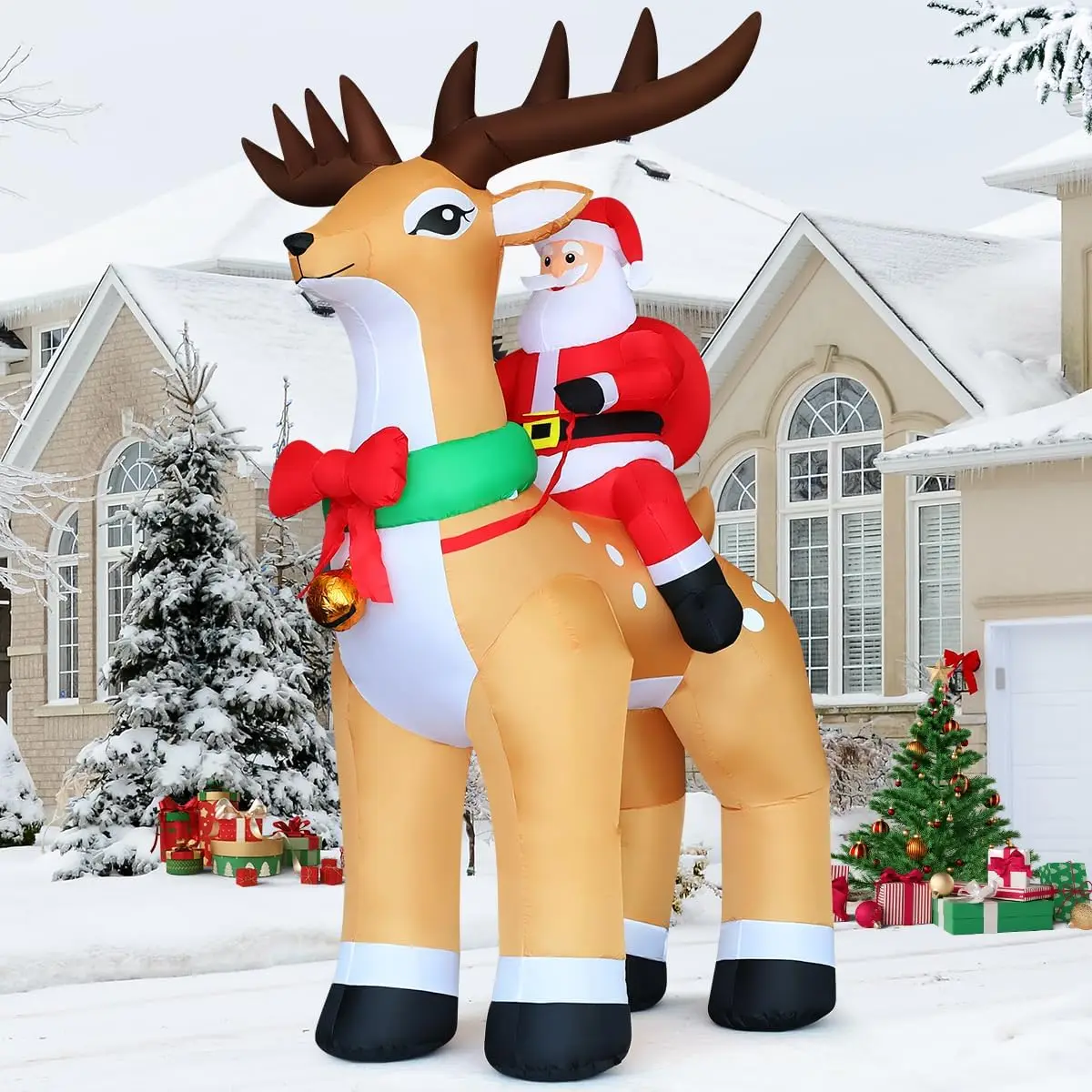 Outdoor Christmas Inflatable Decor 9.8 FT Santa Claus Riding Reindeer Blow-Up Yard Decoration with Built-in LEDs