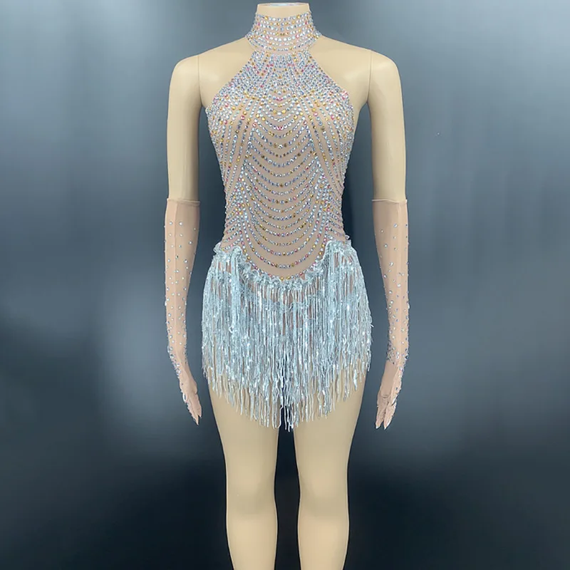 

Fashion Mesh Fringes Rhinestones Bodysuit Women Birthday Party Evening Dress Dance Bar Prom Sexy See Through Drag Queen Outfits