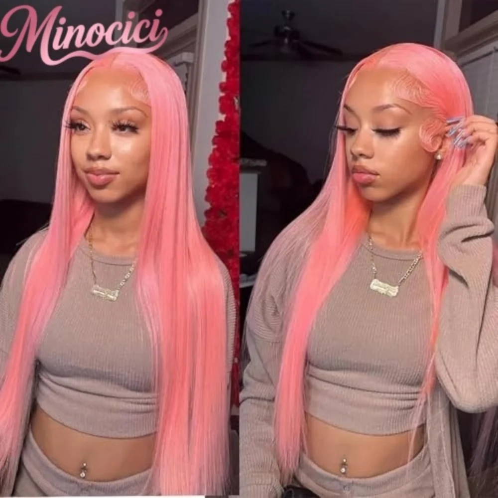 

36-дюймовый прямой светло-розовый парик с HD-кружевной передней частью 13x6, цветной прямой парик с кружевной передней частью, 100% бразильские предварительно выщипанные парики из натуральных человеческих волос