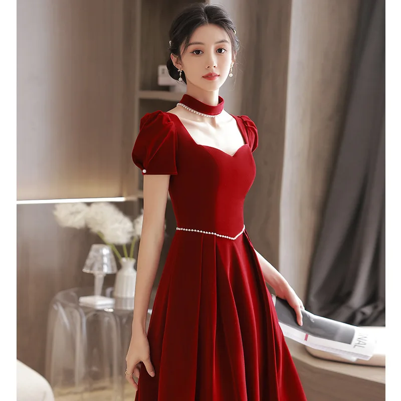 

Women Burgundy Square Neck Cheongsam Qipao Bridal Wedding Elegant Robe De Soiree Pearl Decoration Banquet Gown Vestidos De Festa