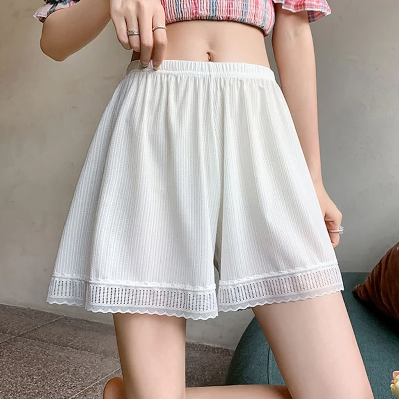 Womens Summer Ice Silk Lace Half Slips Shorts Elastic Waist Wide Leg Safety Pant Underpants Solid Color Pettipants