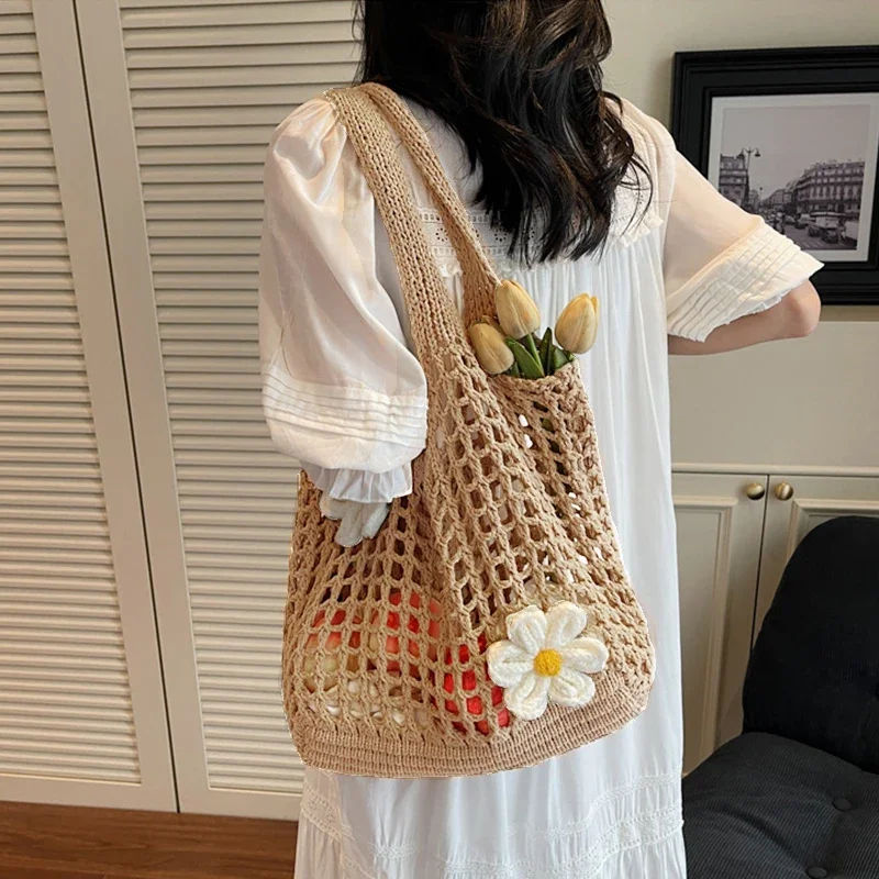

Women's Large Capacity Solid Color Crochet Tote Bag Knitted Hollow Design Fashionable Beach Shopping Bag for Travel And Vacation