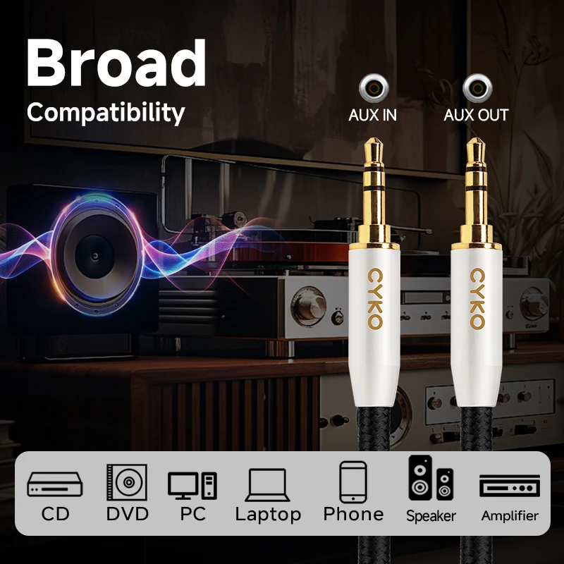 CYKO HiFi 6N OCC 3.5 مللي متر Aux جاك كابل الصوت 3.5 مللي متر TRS/TRRS مطلية بالذهب التوصيل النحاس النقي قذيفة كابل مساعد لمكبر الصوت مشغل أقراص مضغوطة