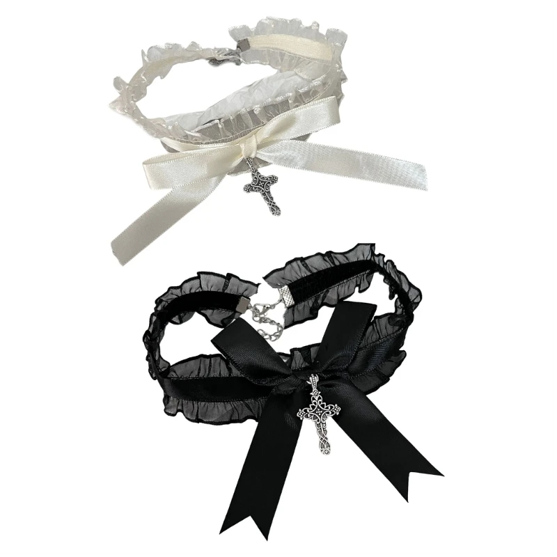 Renda Ruffle kalung Choker lucu ikatan simpul salib liontin kerah Neckwear Halloween kostum Gotik perhiasan hadiah untuk wanita