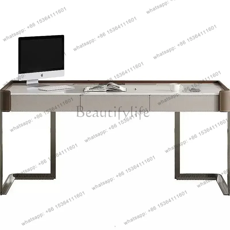 YJ Modern Minimalist Saddle Leather Rock Slab Desk Luxury Designer Writing Computer Table for Office Study