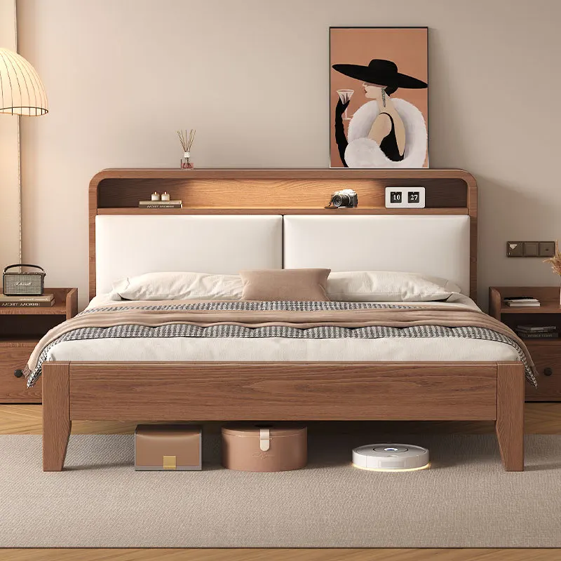 Bed Solid wood bed Modern simple master bedroom double 1.5m economical soft bag storage rental room single bed rack
