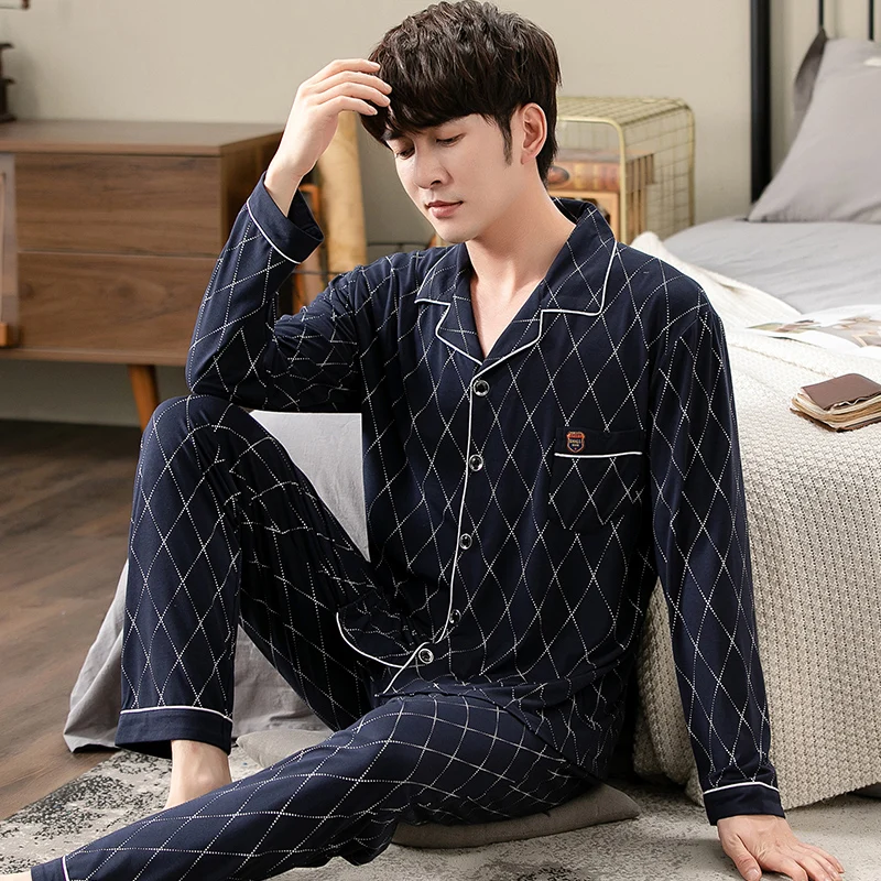 Long Pants + Long Sleeve Tops Pajama Sets Men Spring Modal Pajamas Home Suit Mens Sleepwear Loose Button Cardigan Nightwear 4XL