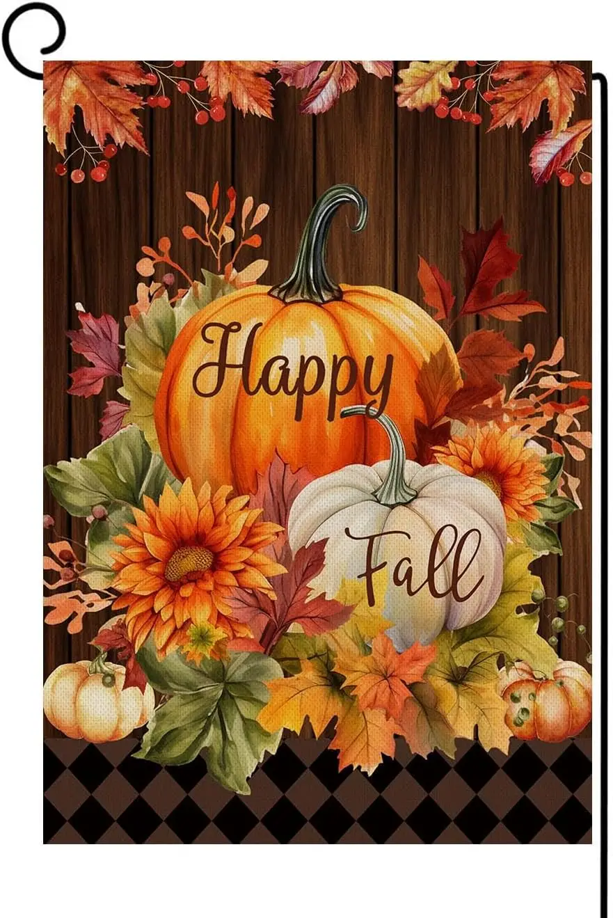 Happy Fall Garden Flag Burlap Vertical Double Sided Fall Pumpkin Maple Leaves Small Yard Flag, Thanksgiving Autumn Harvest H KKW