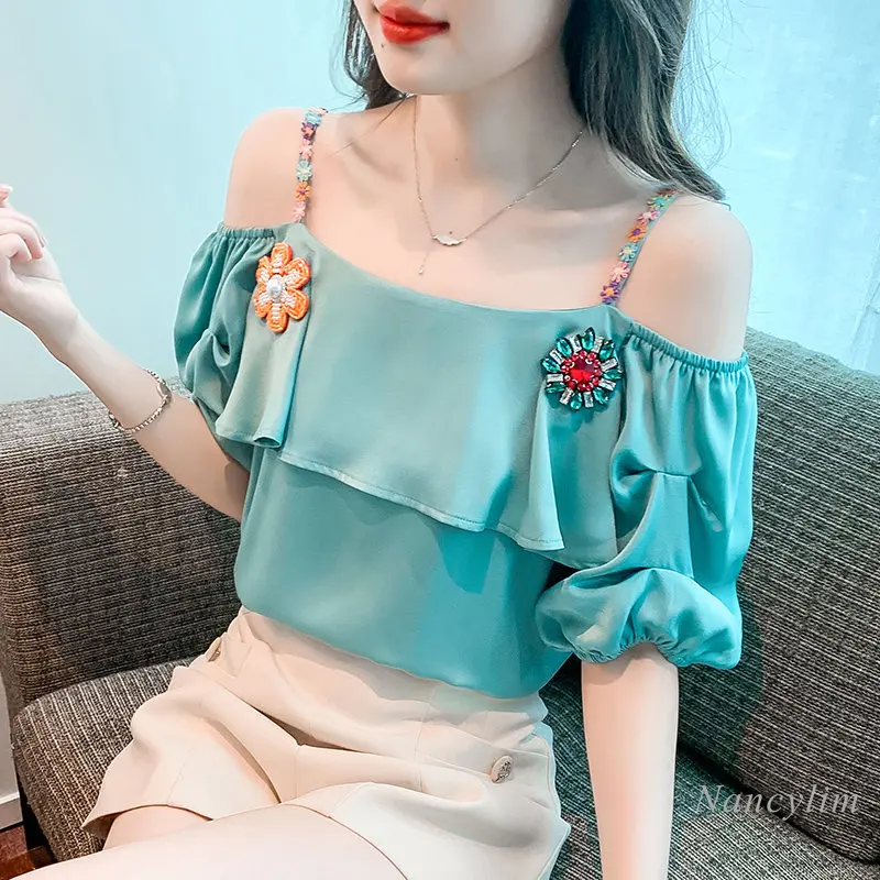 2023 Summer Women\'s Vacation Blouse New Ruffled Sweet Fresh Off-Shoulder Embroidered Chiffon Shirt Sling Top Green Blusas