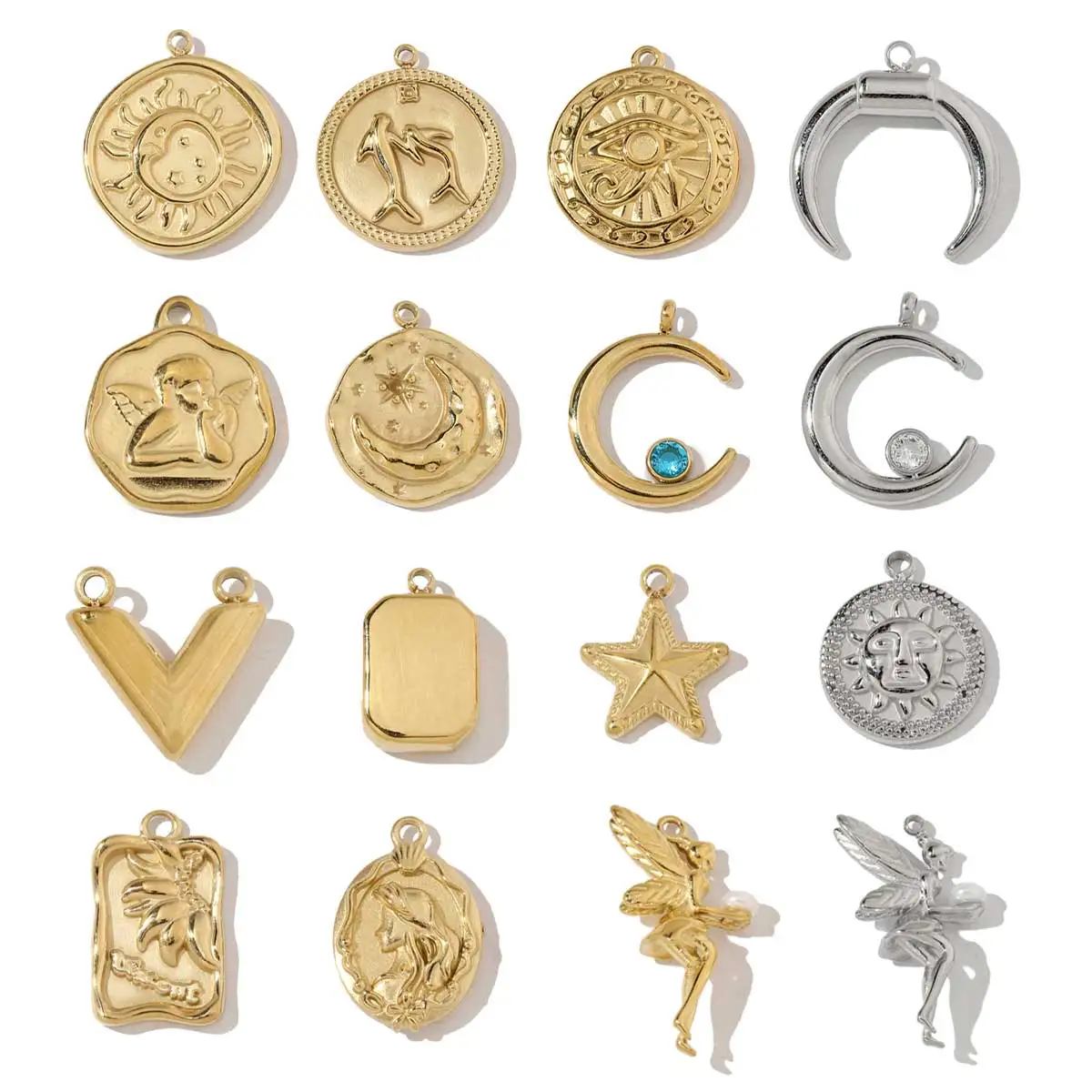 3 sztuk/partia półksiężyc ze stali nierdzewnej anioł oko słońce Charms kwadratowa cegła liść palmowy rozgwiazda naszyjnik DIY mały wisiorek hurtownia