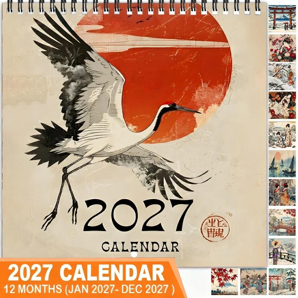 Japanese Landscape 2027 Hanging Calendar Red Crowned Crane Mount Maple Leaves Illustrations Hanging Monthly Planner Home Office