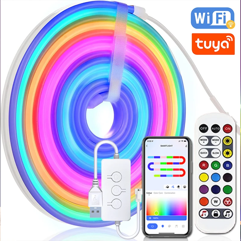 TUYA RGBIC Neon LED Strip 5m/16.4ft 5V Flexible LED Tape Strip  Addressable Neon Rope Light USB Dreamcolor Neon Strip For Home