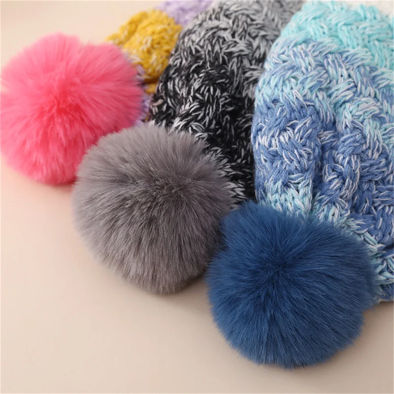 Baby Beanie Contrast Color Winter Warm Knitted Hat with Plush Lined Ball Toddler Boys Girls Beanie Caps