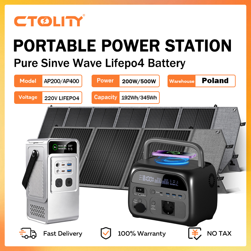 CTOLITY AP400 500W Portable Power Station 345.6Wh LiFePo4 Battery 100W 200W Solar Panel AC Charging Station Camping Equipment