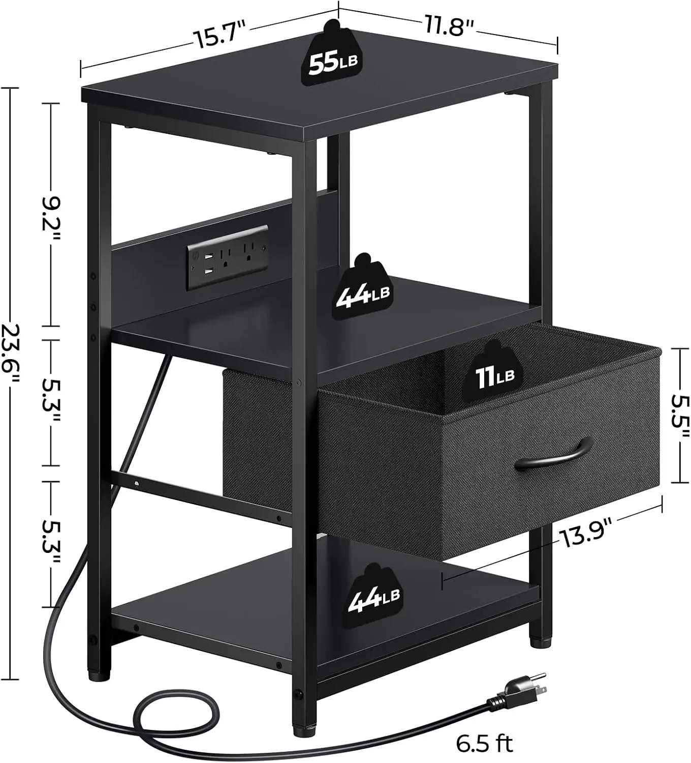 

Seventable Nightstand With Charging Station, Led Bedside Table With Adjustable Fabric Drawer, Night Stand With Storage, 3-Tier