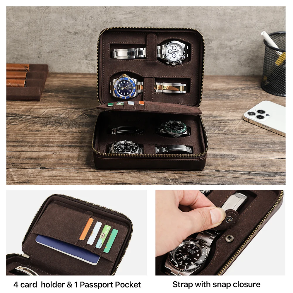 Retro Genuine Leather 4 Slots Watch Box Organizer With Card Holder Travel Watch Display Storage Zipper Case Men Luxury