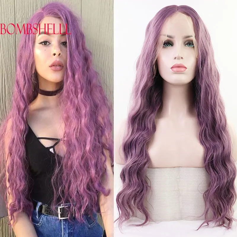 Lavender Purple Water Wave Synthetic 13x4 Lace Front Wigs High Quality Heat Resistant Fiber Hair Middle Parting For White Women