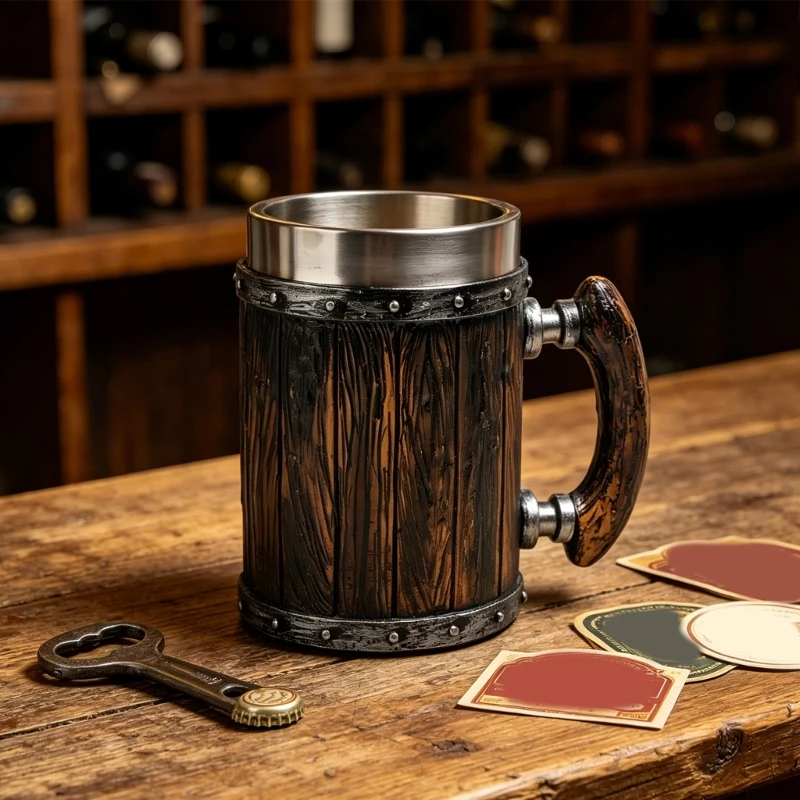 Wooden Barrels Beer Cup with Handle Stainless Steel Tankard Drinking Mug HX6C