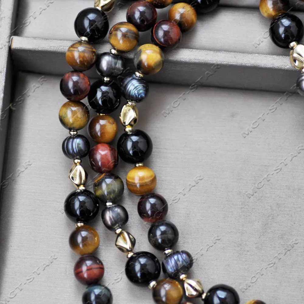 MTCSTAR 60'' Yellow Red Blue Round Tiger's-eye Black Agate Pearl Necklace Z14581 
