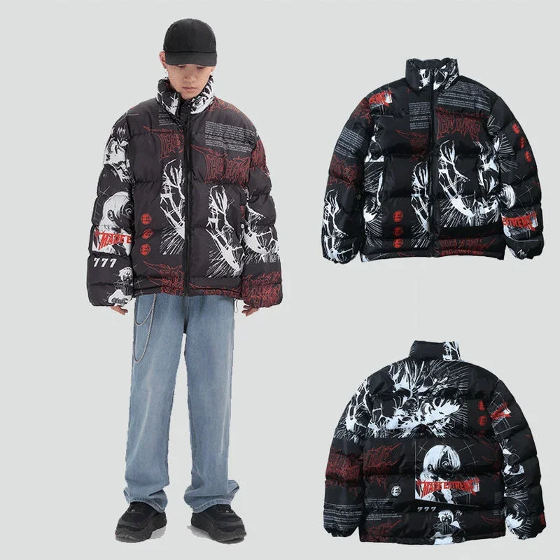 ฤดูหนาว Warm Parkas ชายเสื้อการ์ตูน Graffiti Street Harajuku Thicken Zipper คอตั้งเบาะแจ็คเก็ตหลวม Casual Coat Unisex