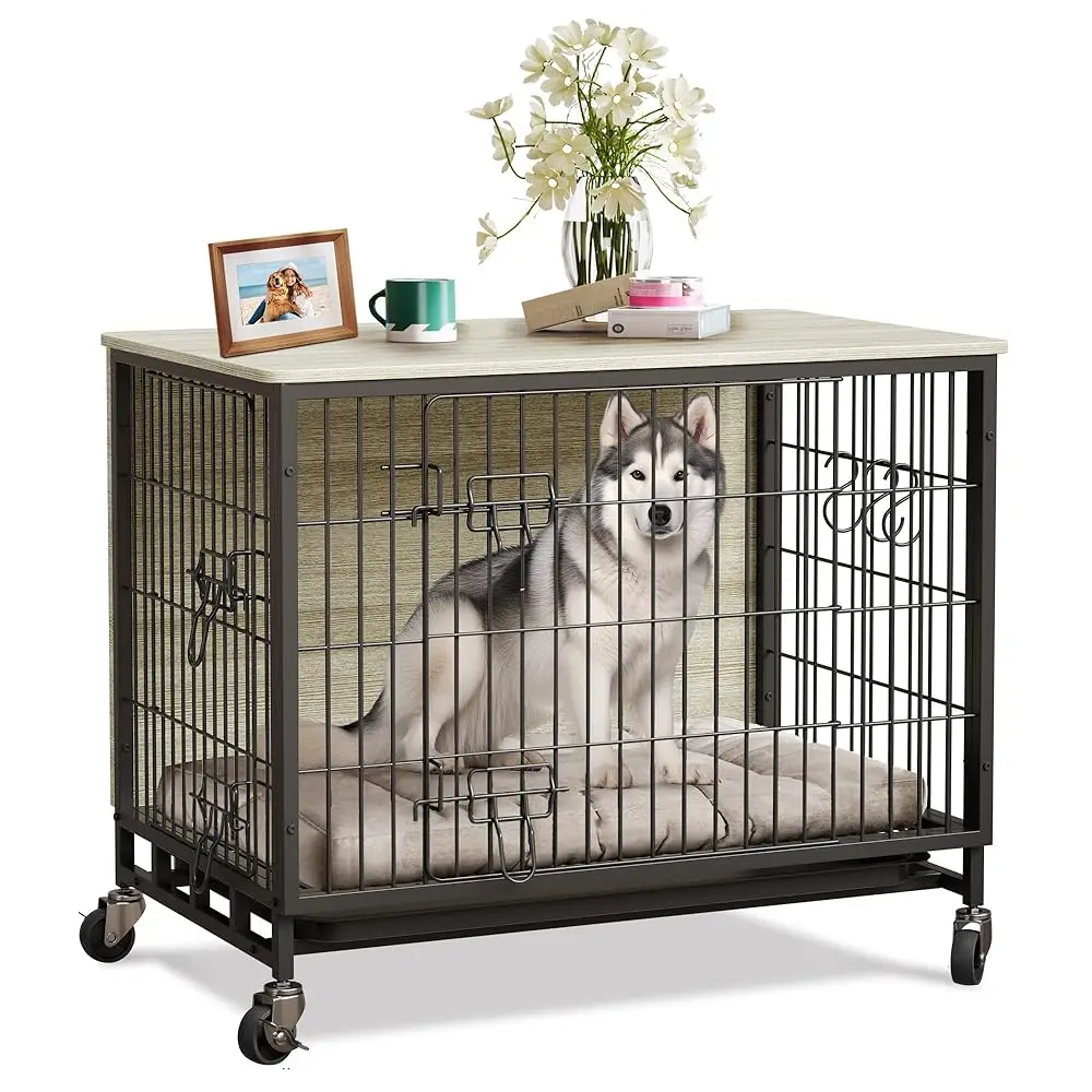 

Dog Crate Furniture, 2024 Deluxe Wooden Dog Kennel With Removable Tray And Wheels, Heavy-Duty Double-Doors 27.2"" Dog Cage End