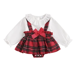 Baby Girl Christmas Bodysuit Long Sleeve Doll Collar Plaid Print Romper Dress Newborn Winter Playsuit