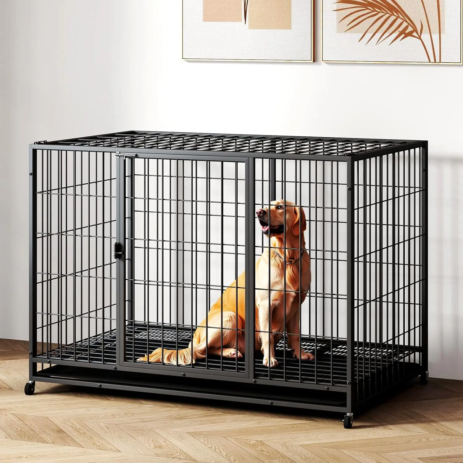

48 inch Metal Wire Dog Crate for Large Dogs with Tray, Double Door, Puppy Dog Playpen for Yard Indoor Outdoor Use,XL Dog Cage Ke