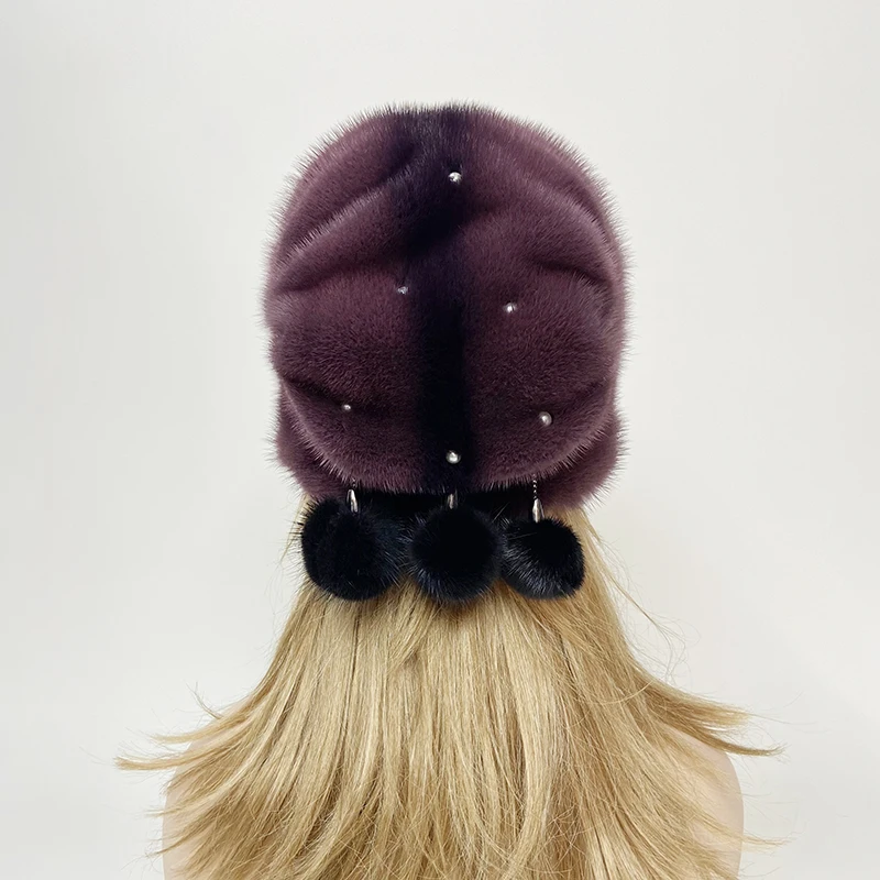 Black Women New Pear  Hat Natural Mink Fur Luxury Winter Warm Balls Russian Beanie Hats