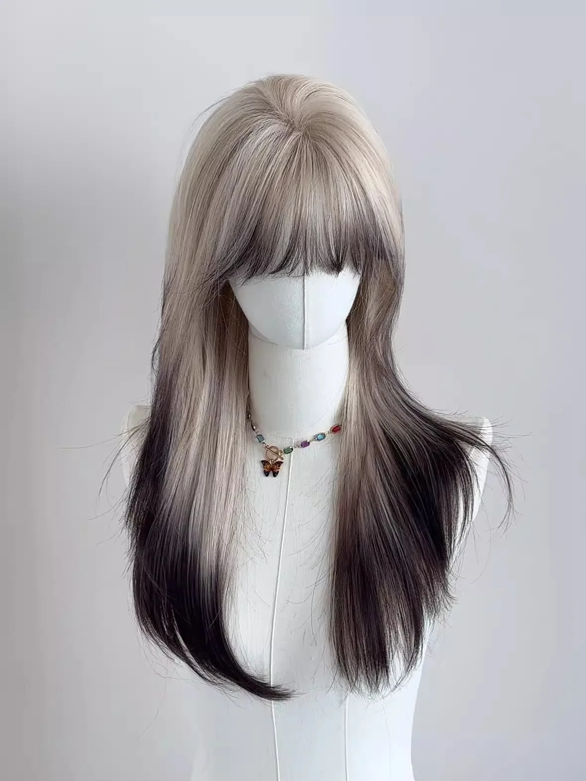 Synthetic Long Straight Ombre Golden Black Wig with Bangs Fluffy Women Lolita Cosplay Heat Resistant Wig for Daily Party